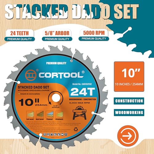 10" Stacking Dado Blade Set, 24-Tooth, 5/8 Inch Arbor, Carbide Dado Set For Table Saw Blades - 5