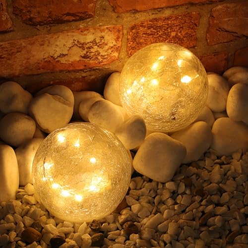 Image of 10.5cm (4") 2 x Battery Operated Cracked Glass Domes with Warm White LED Fairy Lights - Garden Decorations