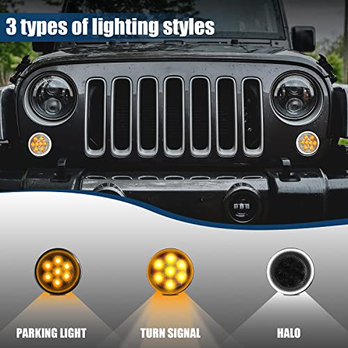 B.ZSSY JK Turn Signal Lights White Ring Smoked Lens,LED Front Indicator Parking Lights Compatible with 2007-2018 Jeep Wrangler JK & JK Unlimited (2PCS,White Ring/Amber - Thumbnail 2