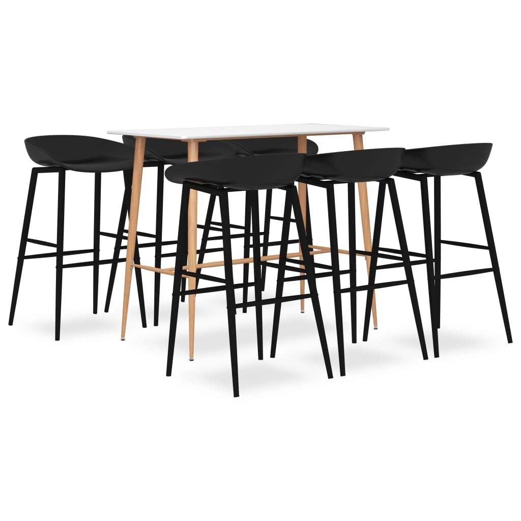 7-częściowy zestaw barowy w kolorze białym, czarnym, z blatem z płyty MDF, 120 x 60 x 105 cm i 6 ergonomicznymi stołkami barowymi z metalu (PP), do jadalni, kuchni, salonu, dla rodziny, dla
