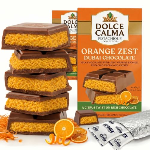 Dolce Calma Pack of 3 Dubai Chocolate Bars (3 x 100g / 3.5oz) – 300g / 10.5oz Total – Belgian Chocolate with Pistachio & Crispy Kataifi, Ships with Ice Packs for No Melting, No Palm Oil, Gifting (Orange)