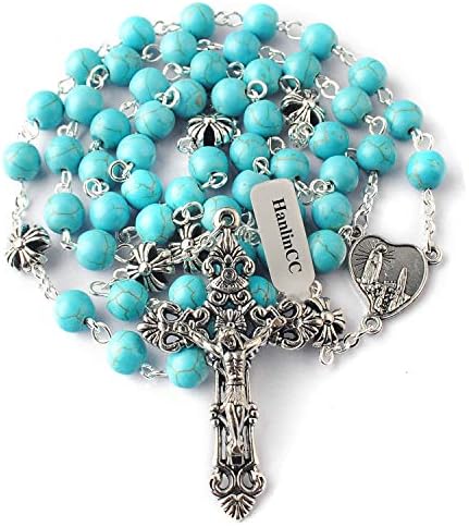 HanlinCC Turquoise Beads Catholic Rosary Necklace with Anti-Silver Plated Fatima Center Piece and Crucifix with Blue Color Leather Gift Box