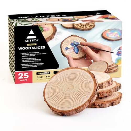 ARTEZA Natural Wood Slices, 3.5-4 Inch Diameter, Set of 25, Brown Round Pine Wood Discs with Bark for Crafts, Christmas Ornaments, Centerpieces