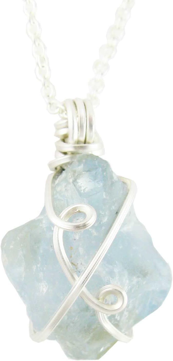 Woot & Hammy Silver Wire Wrapped Raw Blue Celestite Crystal Pendant Necklace, Swirl Design, Comes With 20" (51 cm) Silver-Plated Chain (S)
