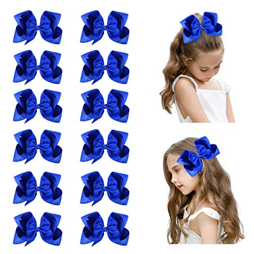 Deeka 12 Pcs 6" Big Hand-Made Grosgrain Ribbon Hair Bow Alligator Clips Hair Accessories For Little Teen Toddler Girls - Roayl Blue #TOP4