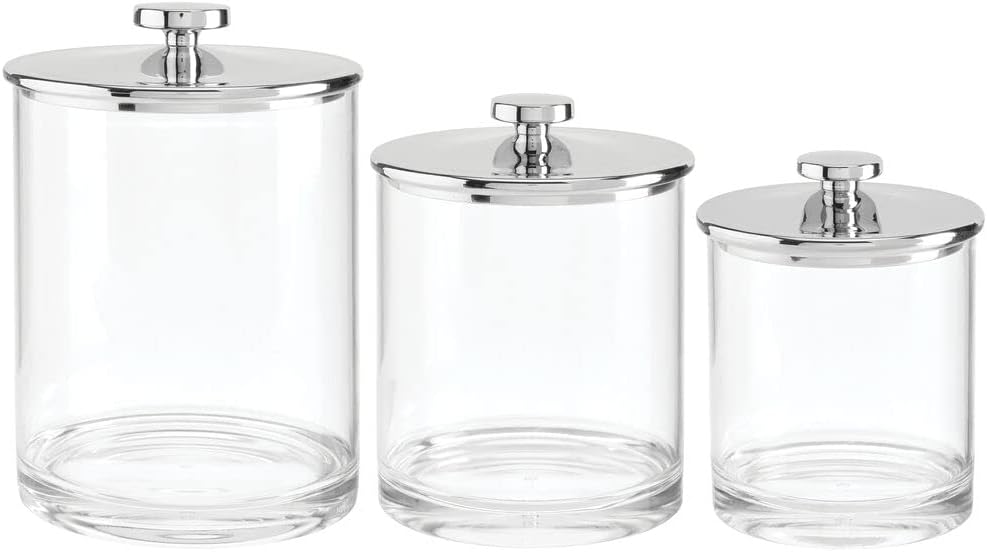 mDesign Plastic Apothecary Canister Jar Storage Organizer for Bathroom, Bedroom, Vanity, Kitchen Cabinet Organization - Holds Cotton Swab, Wedges - Lumiere Collection - Set of 3 - Clear/Chrome