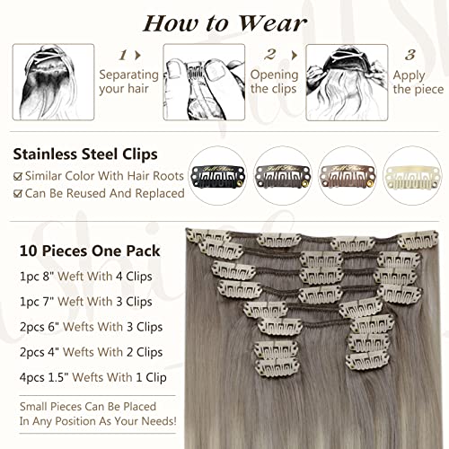 Full Shine Hair Clip In Ombre Grey Human Hair Extensions Full Head Color 19A Ash Blonde Fading To Color 60 Platinum Blonde Highlighted 19A Double Weft Clip In Human Hair Extensions 120 Gram For Women 18 Inch #TOP3