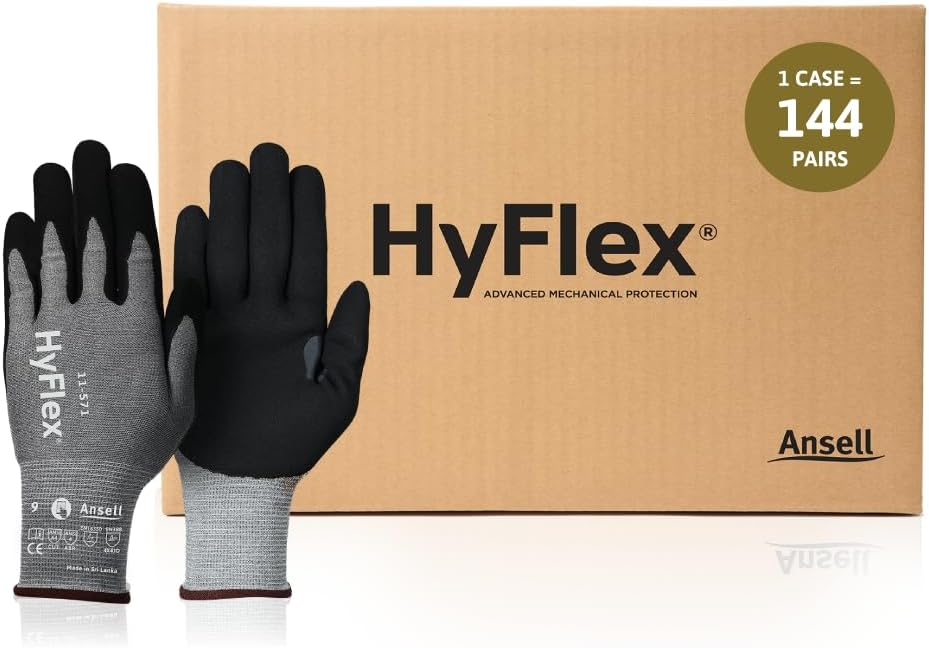 Ansell HyFlex 11-571 Ultra-Light Industrial Safety Gloves for Automotive, Machinery, Equipment, Metal Fabrication, Aerospace, Size 6, Grey (Pack of 144)