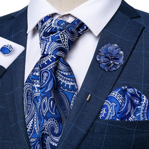 Image of DiBanGu Mens Silk Ascot Ties Paisley Jacquard Woven Cravat and Pocket Square Cufflinks with Lapel Pin for Business Wedding