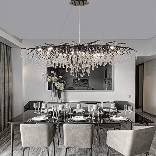 Yiosi Black Chandelier, Crystal Chandelier Branch Lighting Frosted Raindrop Large Rectangular Kitchen Island Hanging Light Fixture For High Ceiling,Dining Room, Foyer (L63 Rectangle) #TOP1