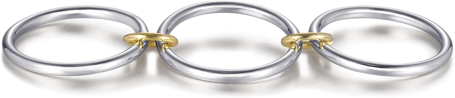Stackable Interlocked Rings for Women, 14K Gold/White Gold Plated 3/4 Ring Stack Set, Mixed Metals Wedding Engagement Statement Bridal Two-Toned Bands, Size 6-9 - Image 3