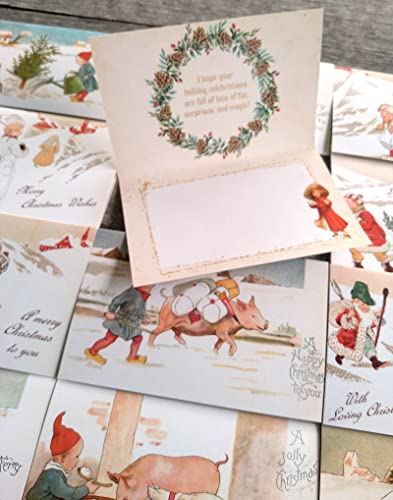 Image of PIXILUV SNOWY CHRISTMAS (Pack of 12) Notecards Small Greeting Cards # Snowy White Christmas with Family ~ Vintage Christmas Postcards Reprint