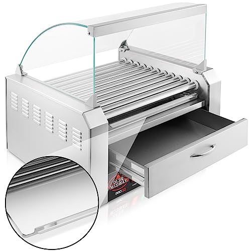 Olde Midway Electric 30 Hot Dog 11 Roller Grill Cooker Machine with Bun Warming Drawer and Cover - Commercial Grade, Stainless Steel