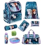 Familando Frozen Mädchen Schulranzen-Set 9-TLG. Modell CLOU Ranzen 1. Klasse | Schul-Tasche Disney Die Eiskönigin ELSA und Anna mit Sporttasche und Regenschutz | Blau | für Mädchen