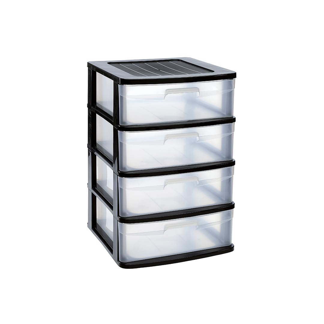 Large Plastic 4 Drawer Storage Tower Unit Chest Home Office School (Black)
