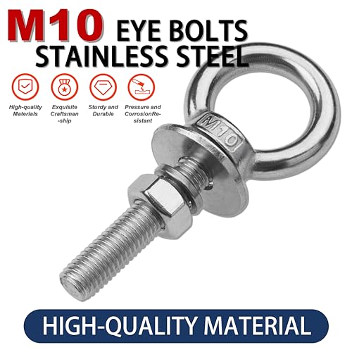 Image of 4 Pack M10 Stainless Steel Eye Bolts with Nuts, 3 /8 inch x 2 inch Eye Bolts