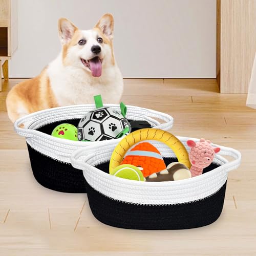 Image of ABenkle Small Basket with Handles, Boho Decorative Rope Woven Dog Cat Toy Storage Bin Shelf Storage Organizer, Easter Christmas Gift Basket, 12 inchx8 inchx5 inch