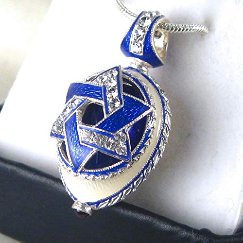 Star Of David Sterling Silver Blue Guilloché Enamel Pendant Genuine Garnet Crystals 24 Inch Chain #TOP7