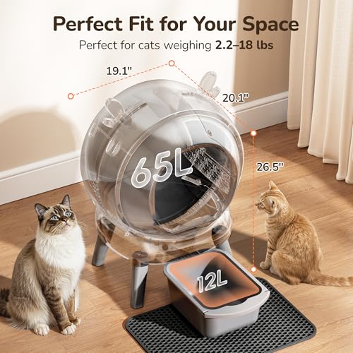 Automatic Self Cleaning Litter Box, Cat Litter Box with APP Control, 65L Globe & Dual Safety Sensors, Robot Litter Box, 1 Roll Garbage Bags and Litter Mat, <35DB, for Multiple Cats, Grey - Image 4