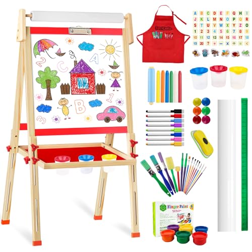 Easel for Kids, Adjustable Art Toddler Easel for 3 4 5 6 7 8 Year Old Wooden Double-Sided Magnetic Easels with Paper Roll Drawing Whiteboard & Chalkboard Painting Board Age 3-5 4-8 8-12 Boy Girl Gifts