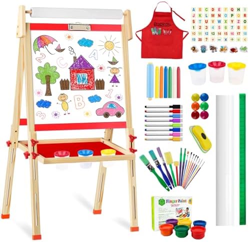 Easels - Easel for Kids, Art Easel for Kids Ages 4-8 Adjustable Double-Sided Wooden Toddler Painting Easel with Paper Roll Magnetic Whiteboard & Chalkboard Drawing Board 2-4 3-5 Boy Girl Gifts 3 4 5 Year Old