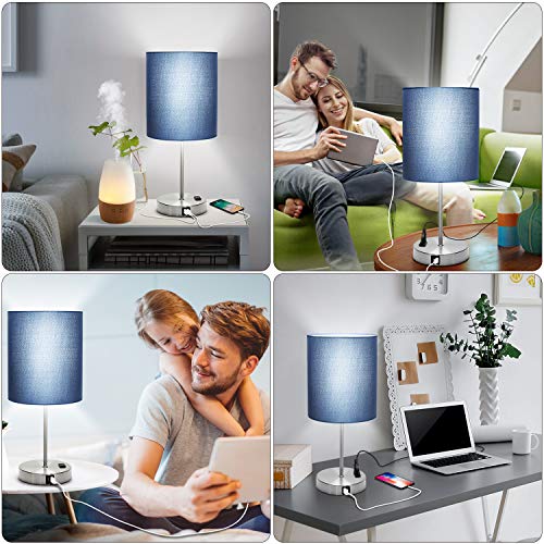 Touch Control Table Lamp, 3 Way Dimmable Bedside Desk Lamp with 2 Fast USB Ports and AC Outlet, Blue Nightstand Lamp for Bedroom Living Room, Modern Office Lamp, Silver Base, 60W LED Bulb Included - Thumbnail 6