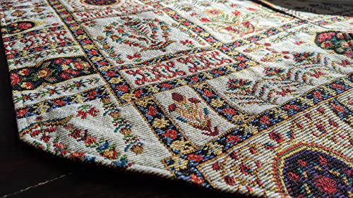Dada Bedding Cottage Mughal Floral Art Tapestry Table Runner - Oriental Botanical Fleur Leaves Flowers Multi-Colorful Ivory Vintage Garden - Woven Linen Kitchen Dining Table Mat - 13" X 54" #TOP6