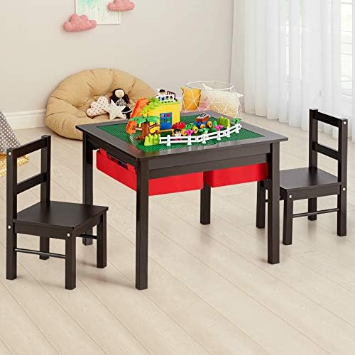GYMAX Kids Table and 2 Chairs, Children Activity Desk set with Double-Sided Tabletop & 2 Storage Drawers, 3 Pieces Wooden Toddler Furniture for Eating, Learning, Playing (Brown)