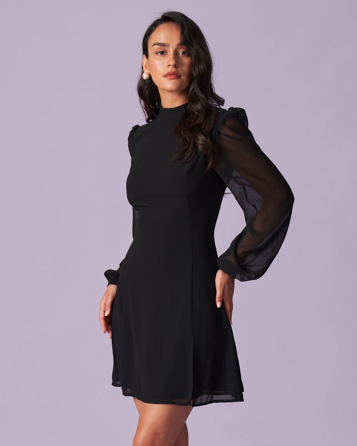 RIHOAS Women's High Neck Sheer Sleeve Cocktail Dress, Slim Fit Long Sleeve Side Slit Little Black Dress