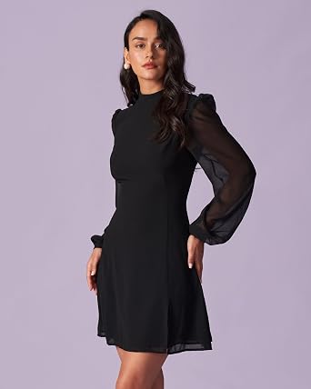 RIHOAS Women's High Neck Sheer Sleeve Cocktail Dress, Slim Fit Long Sleeve Side Slit Little Black Dress