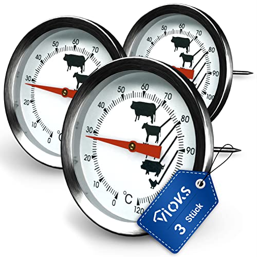 Fleischthermometer 0 bis +120°C aus Edelstahl Set 3x Bratenthermometer Thermometer mit Markierung Grillthermometer Steakthermometer Backofen/Grill