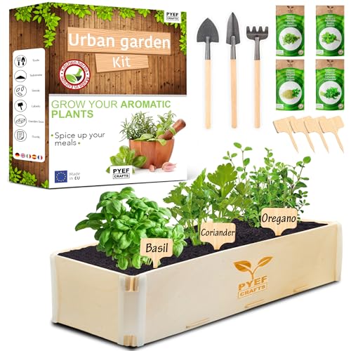 PYEF CRAFTS Indoor Herb Garden Kit Grow Your Own Herbs Kit Indoor - Herb Seeds Basil, Parsley, Oregano and Coriander - Growing Set Indoors for Kitchen Windowsill - Culinary Planter Gift Set