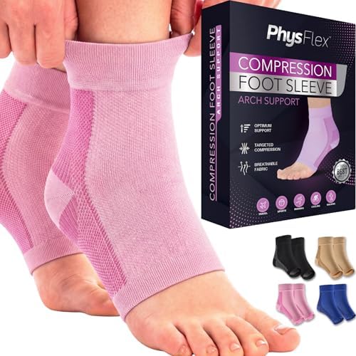 PhysFlex Compression Socks for Plantar Fasciitis, Achilles Tendonitis Relief - Ankle Compression Sleeve for Heel Spurs, Foot Swelling & Fatigue - Arch Support Brace for Everyday Use, Pink, Small