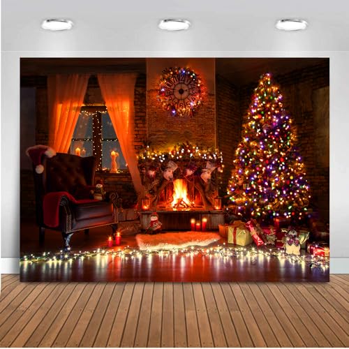 ANSHUHAI Christmas Fireplace Backdrop Indoor Vintage Christmas Photography Background Xmas Tree Candles Clocks Gift Box Lights Christmas Photo Backdrops Christmas Decorations Banner (7x5ft)