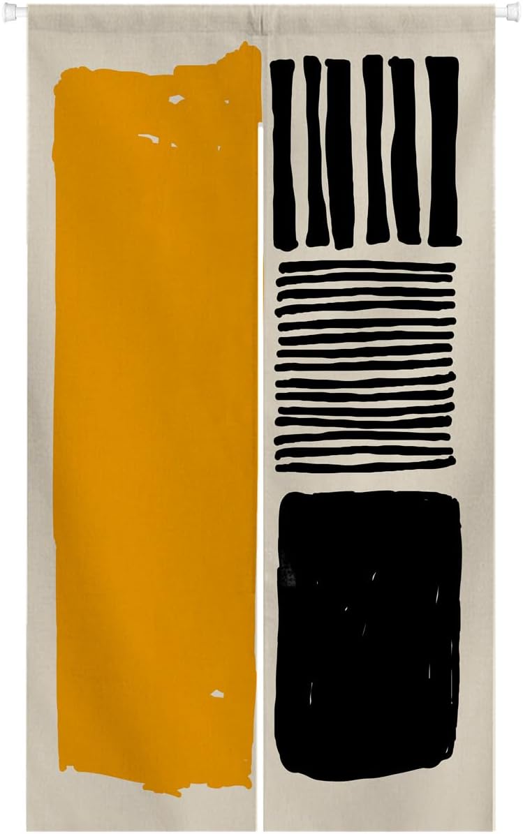 Ofat Home Abstract Line Noren Curtain 33.5" W x 59" L, Yellow Black Color Block Minimalist Geometric Hanging Curtain for Doorway, Mondrian Style Modern Art Fabric Home Decor (Style 1)