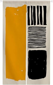 Ofat Home Abstract Line Noren Curtain 33.5" x 59" Style 1 | Yellow black geometric color block design, minimalist fabric divider Mondrian-style artwork modern art