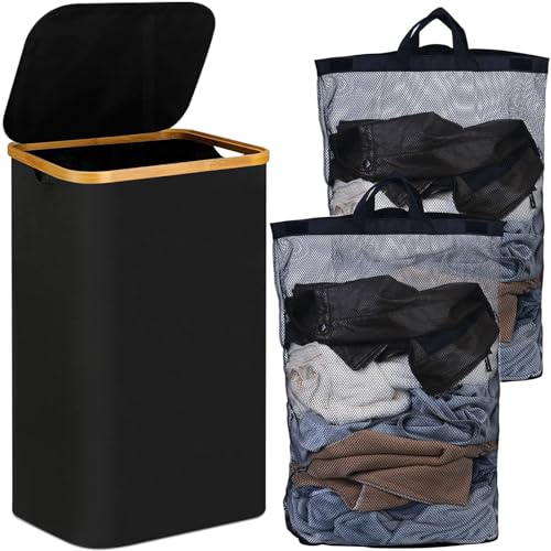 POWZOO Wäschekorb mit Deckel,110 Liter faltbare Waschekorbsammler,2 Herausnehmbarer Wäschesäcke,Wäschesortierer Wäschetonne,Laundry Baskets für Waschküche,Kinderzimmer,Schlafzimmer,Badezimmer(schwarz)