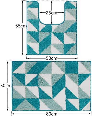 FVVRAX Bath Mat Set 2 Pieces, 50x80cm Bathroom Mat & 50x55cm U Shape Pedestal Mat, Absorbent Non Slip Soft Shaggy Microfiber Bath Mats for Toilet Shower, Machine Washable, Teal