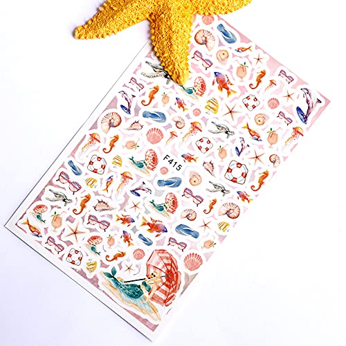 1Box+8 Sheets Summer Nail Art Sticker Manicure Metal Stud Charm For Acrylic Nails Sea Sealife Starfish Mermaid Ocean Styles (Ocean Style) #TOP3