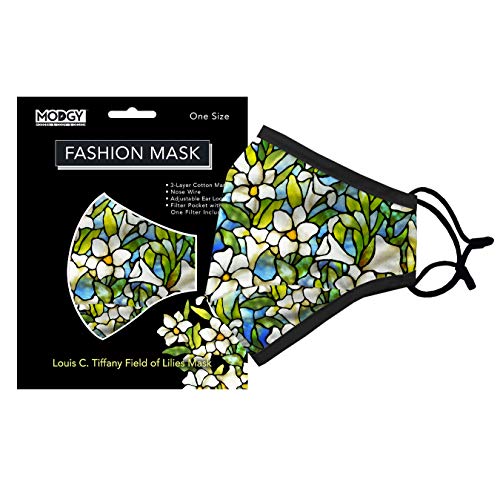 MODGY Fashion Mask 3-Layer Cloth Face Masks with Filter Pocket Insert, Nose Wire, Adjustable Ear Loops, Breathable, Reusable, Washable, Women, Men, Adults, Louis C. Tiffany Lilies