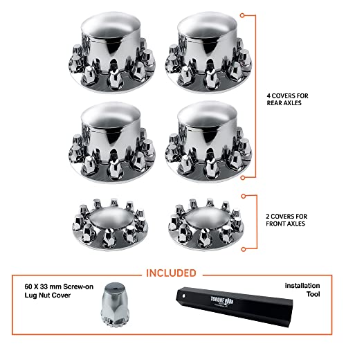 Torque Chrome Front And Rear Axle Complete Wheel Cover Set 33Mm Screw-On Lug Nut Covers For Semi Trucks (Installation Tool Included) Standart Hub Caps Kit (2 Front & 4 Rear) (Tr082) #TOP2