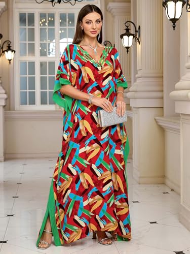 Image of KECVOT Kaftan Dresses for Women V-Neck Print Swimsuit Cover Up Plus Size Beach Caftan Lounge Dress