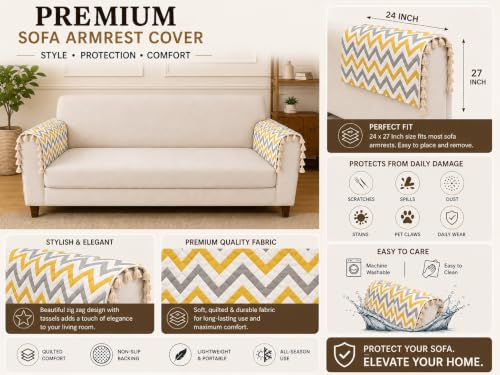 Image of Velvet Quilted Sofa Armrest Covers (Pack of 2) | Yellow Zigzag | Anti-Slip Soft Washable Arm Covers with Tassels | 24 x 27 Inches (Half)