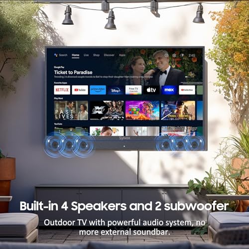 SYLVOX Smart Outdoor TV, 65\" Outdoor Television Built-in 6 Speaker Subwoofer Included, 4K Smart TV for Outside, HDR, IP55 Waterproof, Android 11, 1000 Nit Brightness, Full Metal Body (Garden Series)