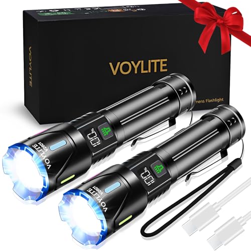 Image of Voylite Torches Led Super Bright Rechargeable 2 Pack, 1000000 Lumen Powerful Torch, Long Lasting Bright Torch, LCD Power Display, 1500m Range, IPX7 Water, 3 Modes and Zoom with Belt Clip for Outdoor