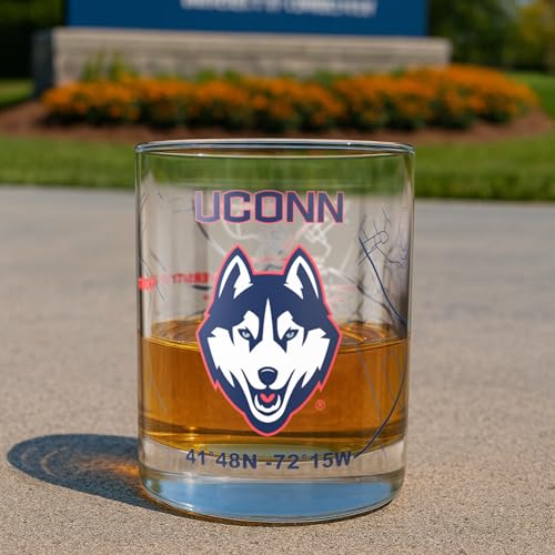 Image of Greenline Goods - University of Connecticut Huskies College Whiskey Glasses (Set of 2), 10 oz - Full-Color Logo + Campus Map