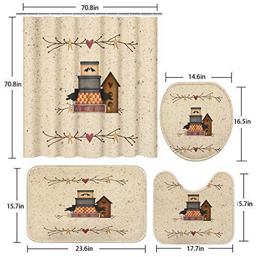 Artsocket 4 Pcs Shower Curtain Set Cute Little House Cartoon Building Chimney Cottage Countryside With Non-Slip Rugs Toilet Lid Cover And Bath Mat Bathroom Decor Set 72" X 72" #TOP4