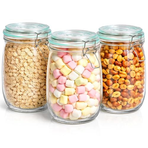 Innoteck 3 Piece Airtight Glass Storage Jar Set with Clip Lock Lids (1L / 1000ml Each) – BPA-Free Clear Canisters for Oats, Pickles, Cereals, Pasta & Snacks, Includes 10 Labels & Chalk Pen