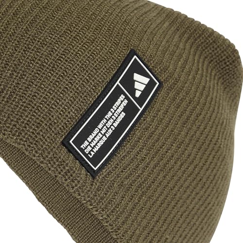 adidas Mixte Essentials Label Beanie Hat, Olive strata/White, S-M