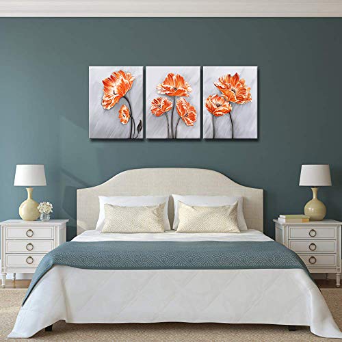 Image of Derkymo 3 Panels Elegant Poppy Wall Painting Orange Flower Canvas Wall Art Pictures of Poppy Flowers for Home Decoration Stretched and Framed Easy to Hang 12 inchx16 inchx3pcs